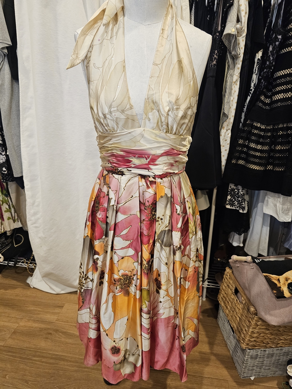 Adrianna Papell Cream, Pink and Orange Floral Halter Backless Dress